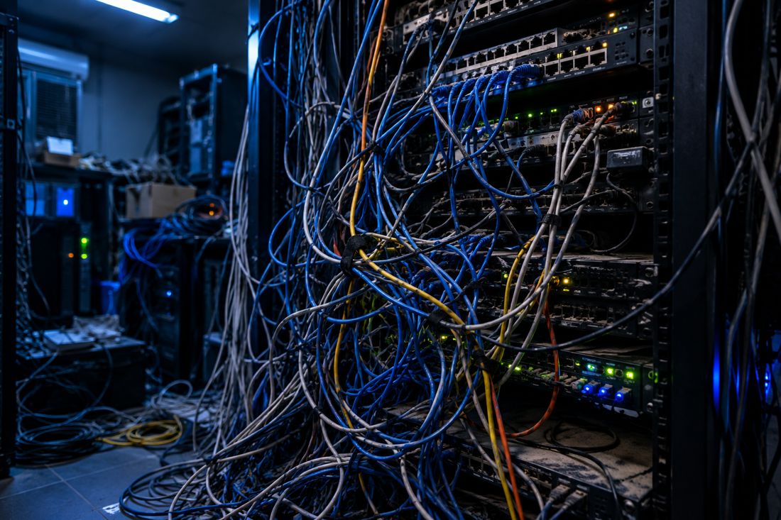 Rack de datos con cables desordenados