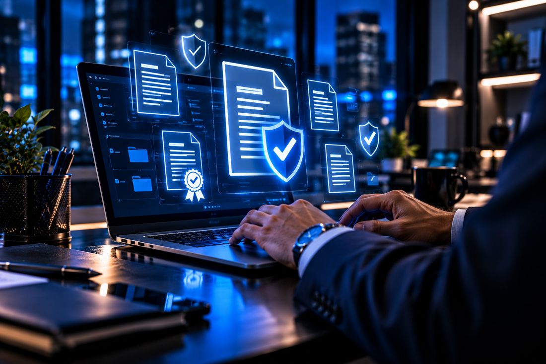 Portátil con iconos de licencias y archivos protegidos