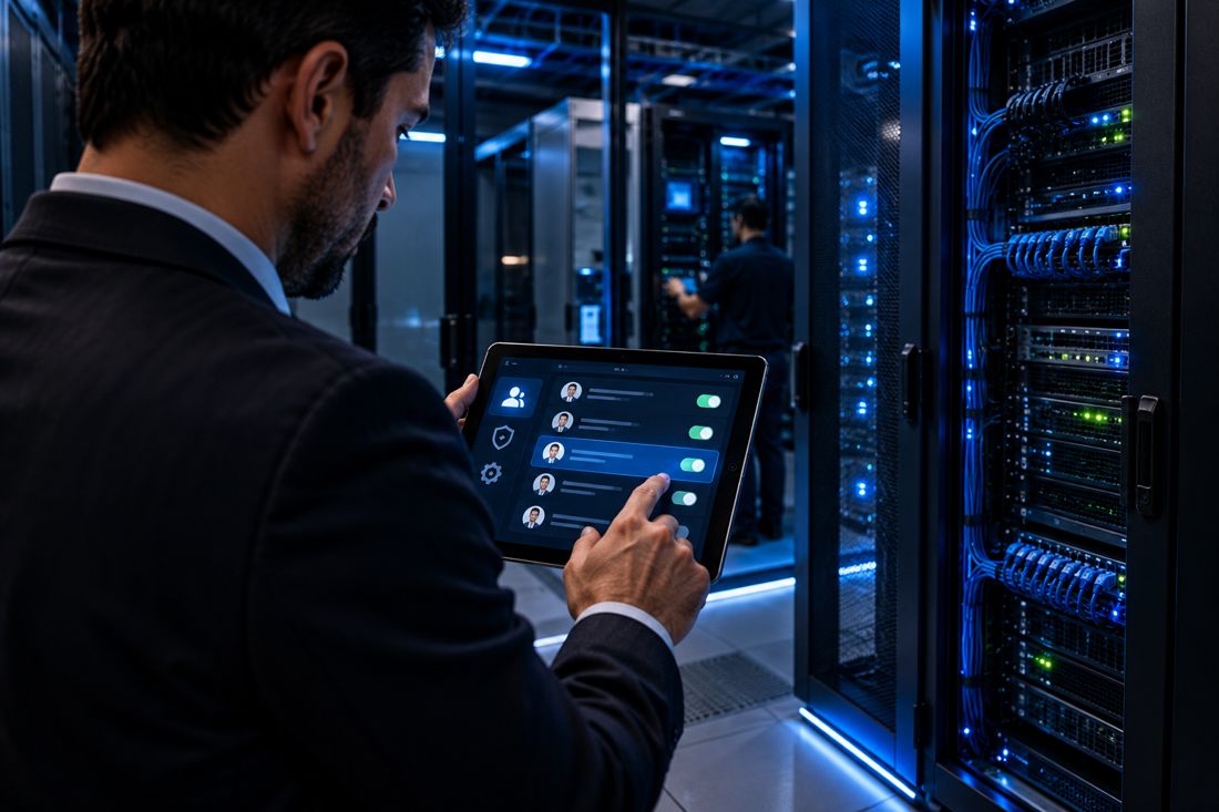 Gerente gestionando permisos de seguridad desde una tableta